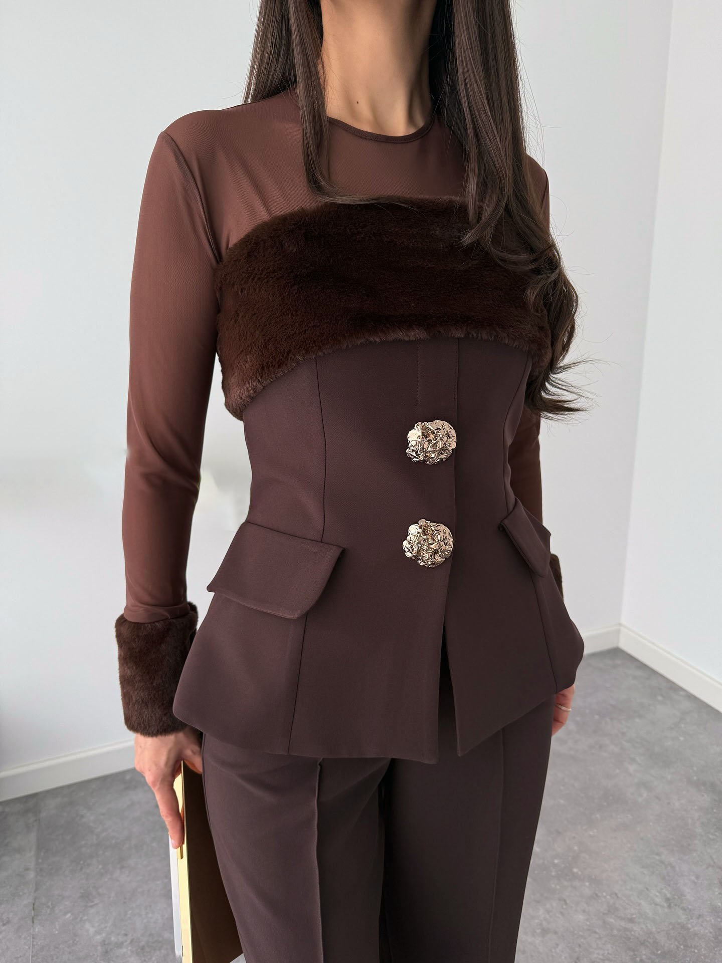 Elegant Two-piece Mesh And Plush Patchwork Top