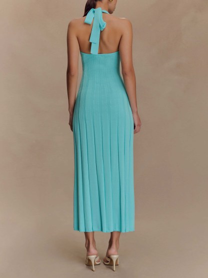 Elegant Halter Neck Ribbed Knit Midi Dress