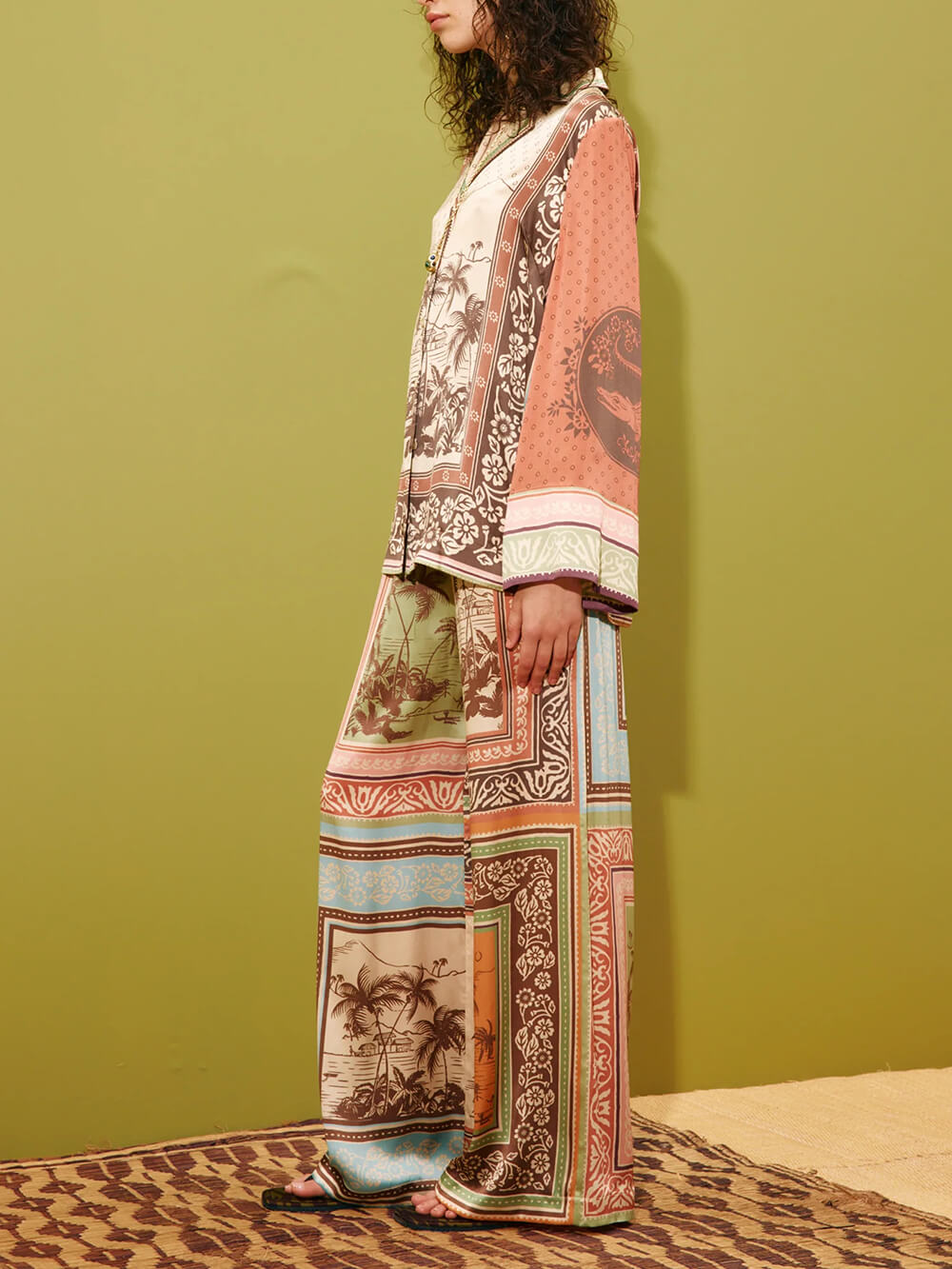 Unique Satin Floral Print Button-Up Shirt with Elastic Waist Pockets And Wide-Leg Pants Set