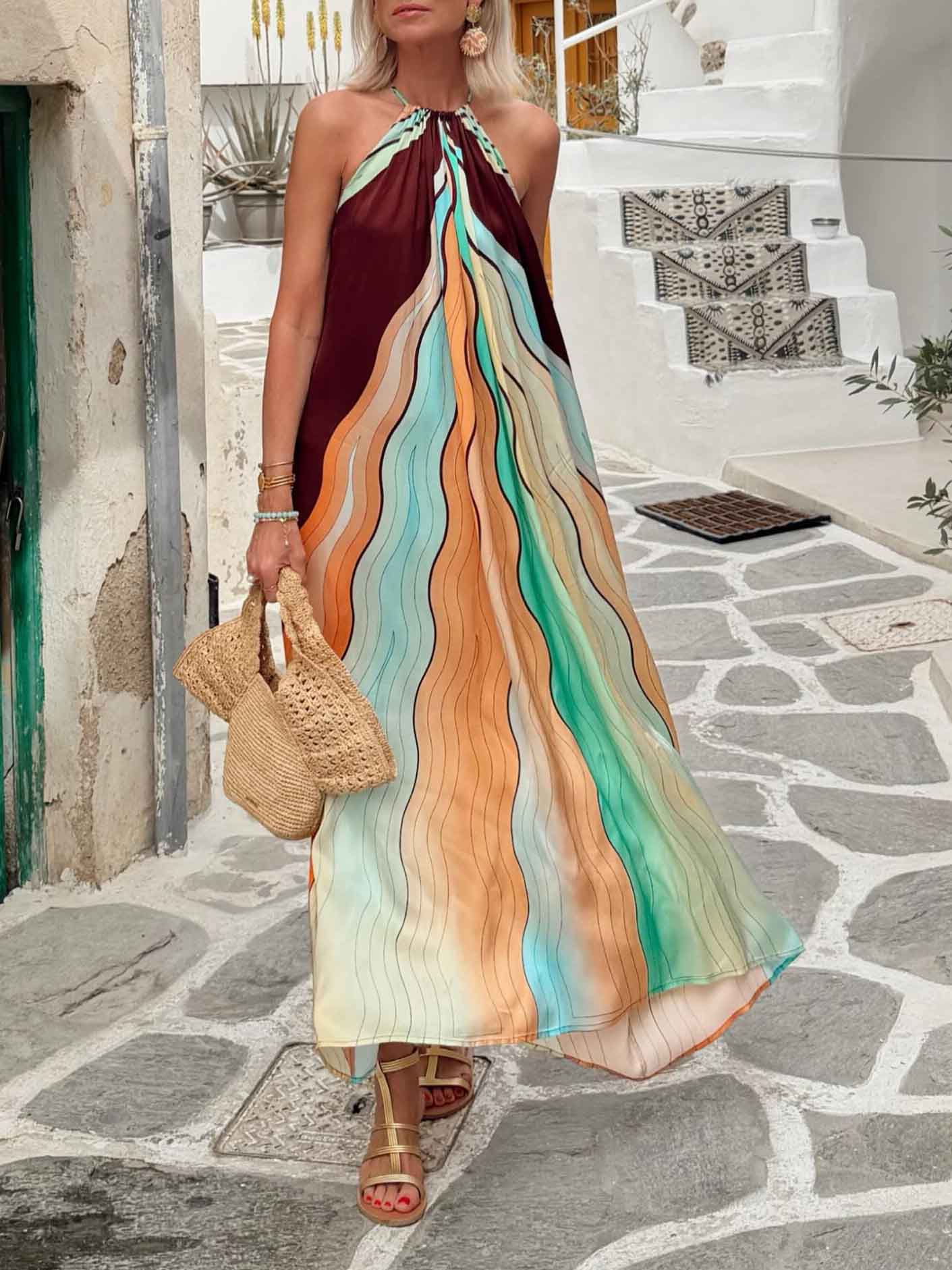 Bohemian Colorblock Stripe Halter Maxi Dress