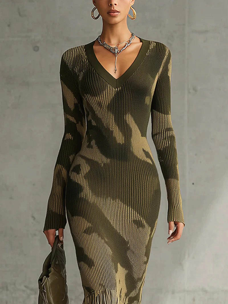 Elegant Camouflage Knit V-neck Fringed Hem Maxi Dress