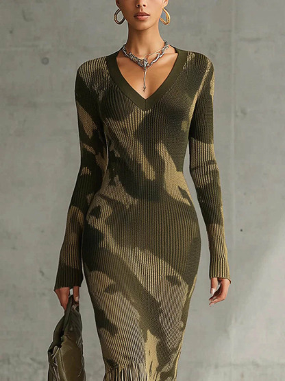 Elegant Camouflage Knit V-neck Fringed Hem Maxi Dress