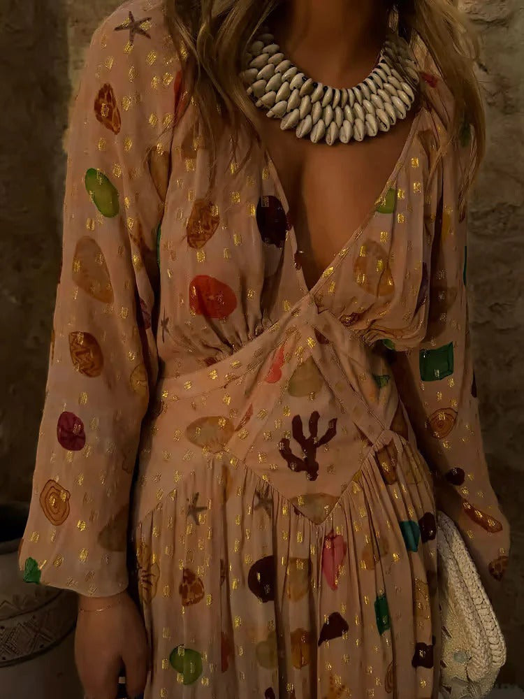 Exquisite Chiffon Shell Print Maxi Dress