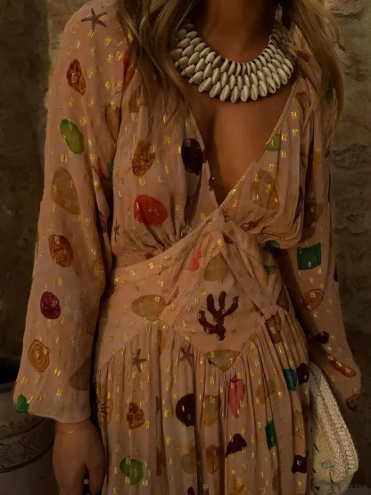 Exquisite Chiffon Shell Print Maxi Dress