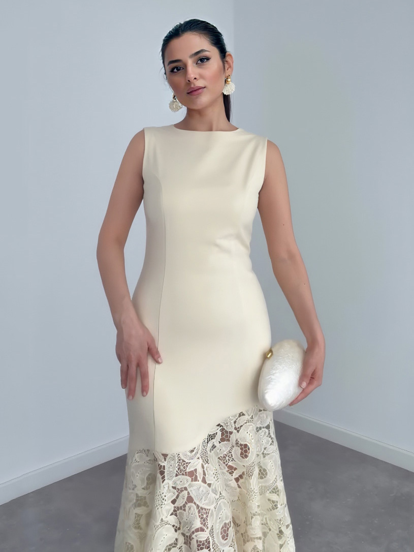 Elegant Sleeveless Lace Hem Mermaid Maxi Dress