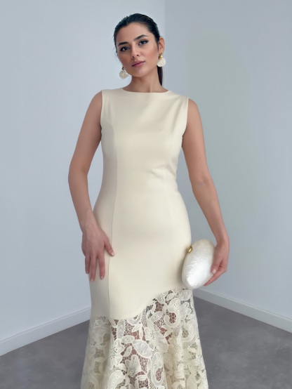 Elegant Sleeveless Lace Hem Mermaid Maxi Dress