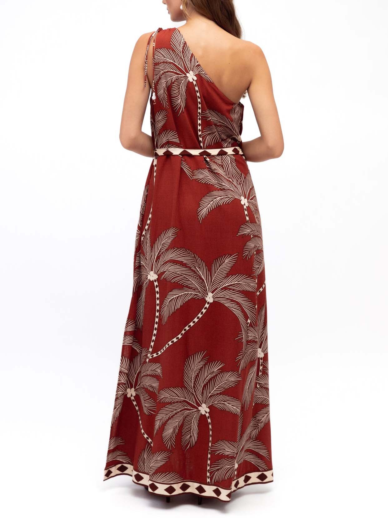 Retro Palm Tree Print One-Shoulder Flowy Maxi Dress