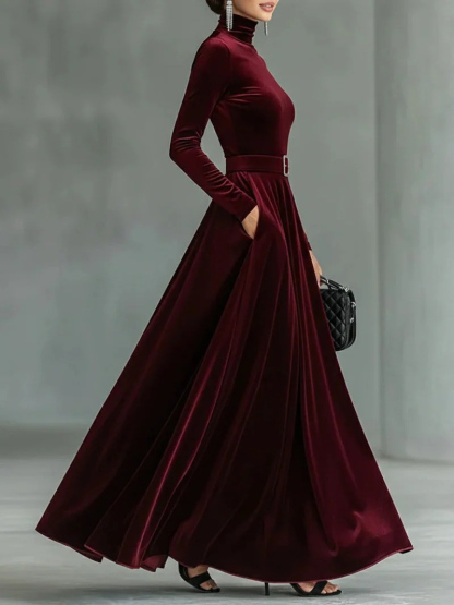 Elegant High-neck Velvet Long-sleeved Maxi Dress