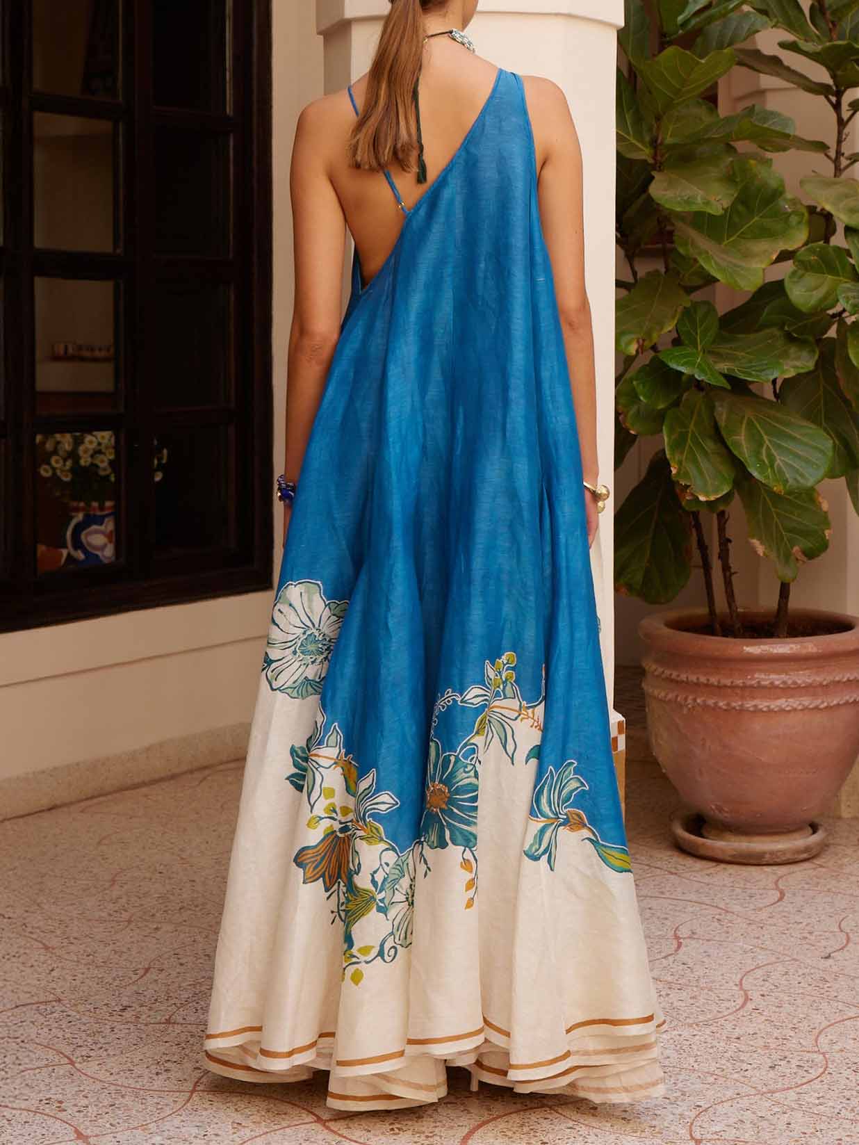 Elegant Tropical Print Asymmetrical Strappy Maxi Dress