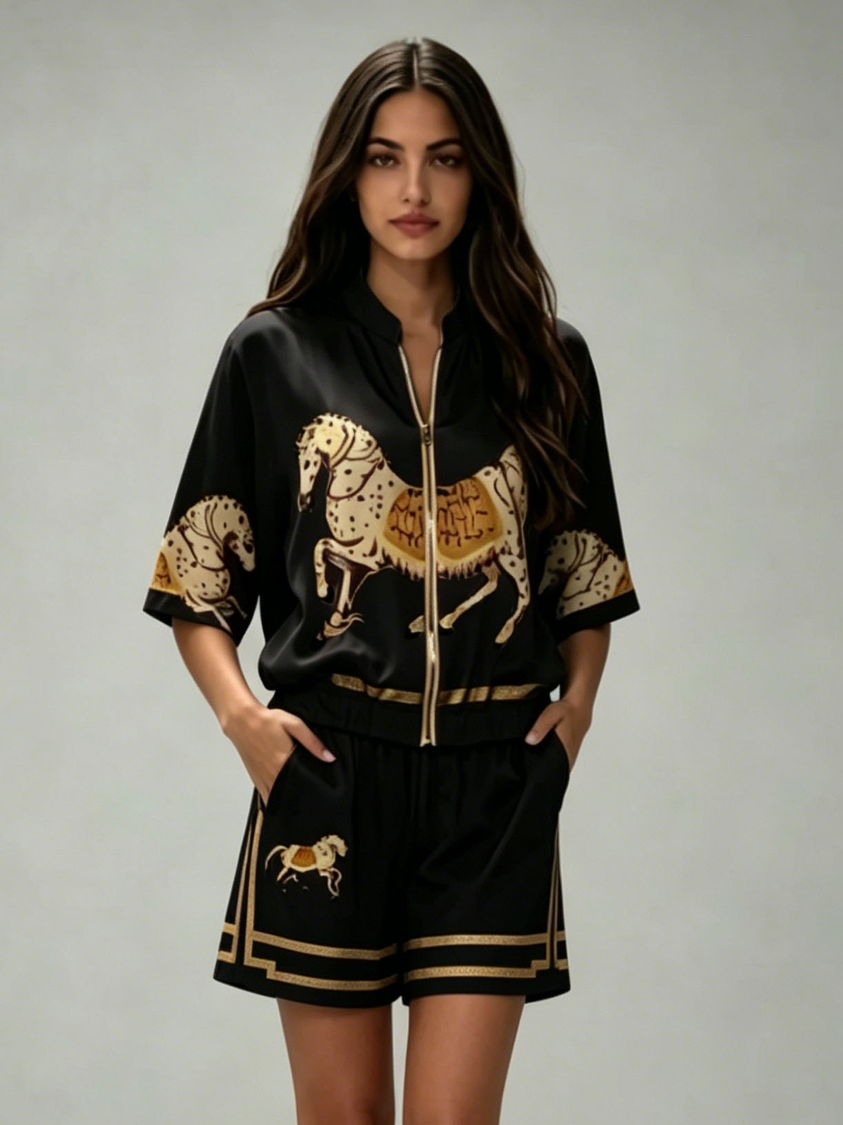 Exquisite Satin Horse Print Zip-Up Shirt & Shorts Set – Likemychoice
