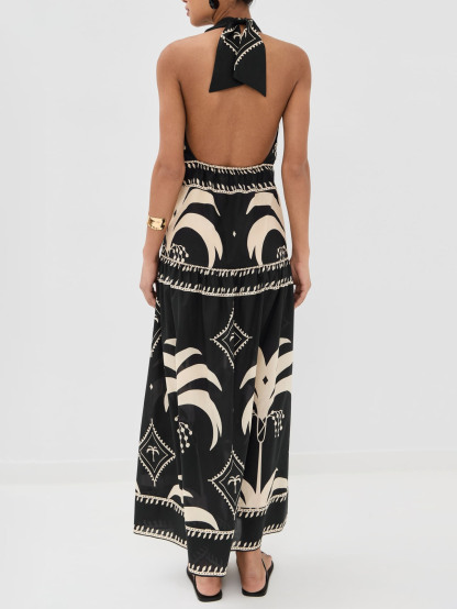 Retro Palm Leaf Print Halter Neck Maxi Dress