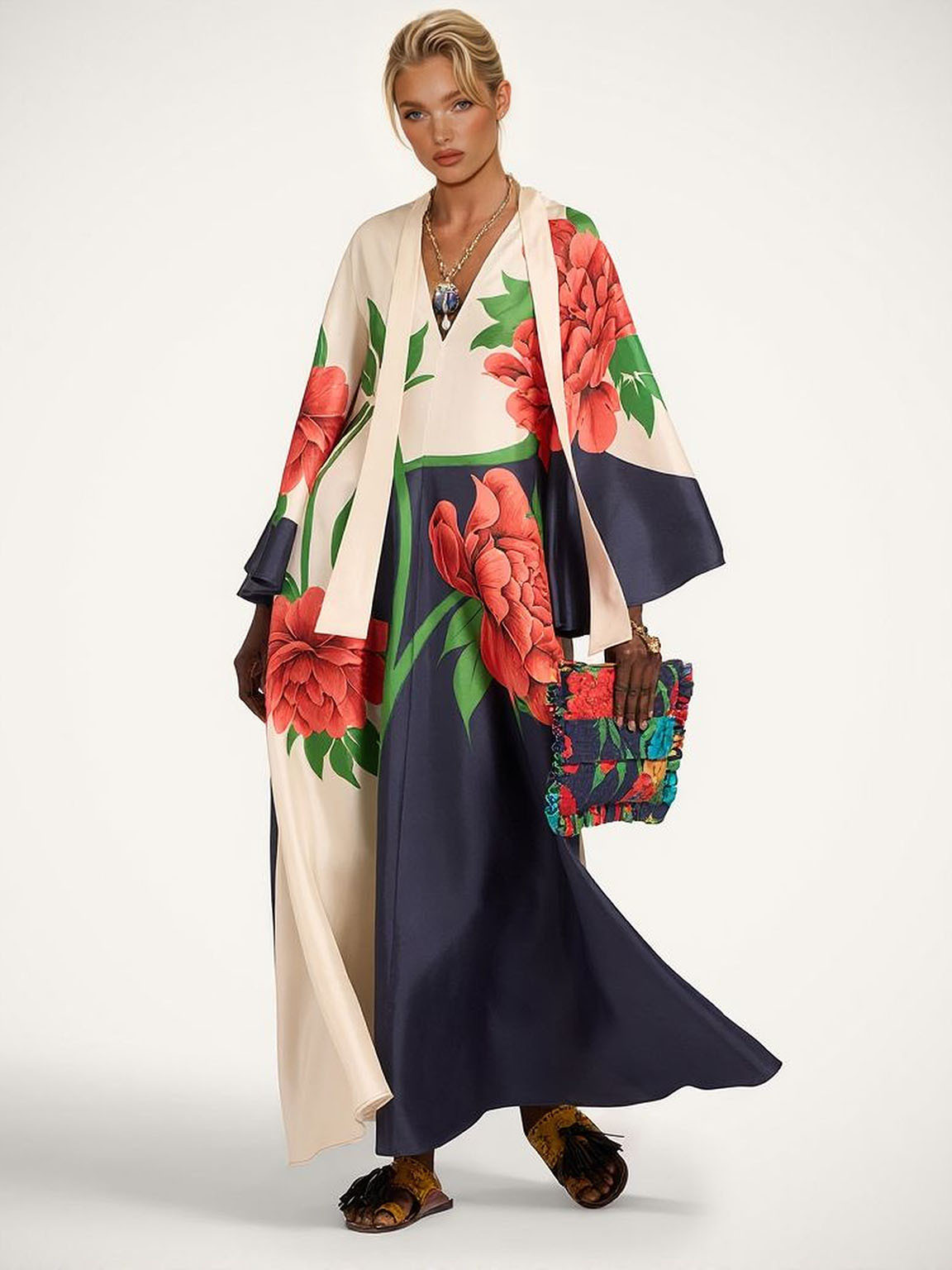 Elegant Floral Print Flared Sleeve Maxi Dress
