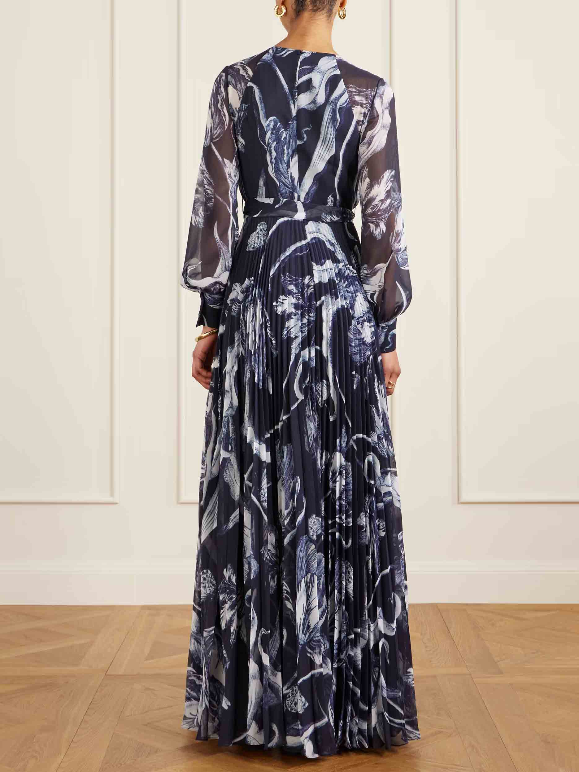 Elegant Botanical Print Tie-waist Pleated Maxi Dress