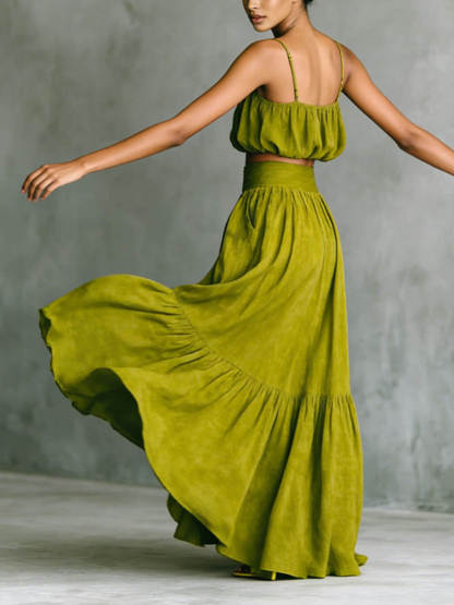 Fashion Linen Blend Bubble Slip Tank and High Rise Pocket A-line Maxi Skirt Set