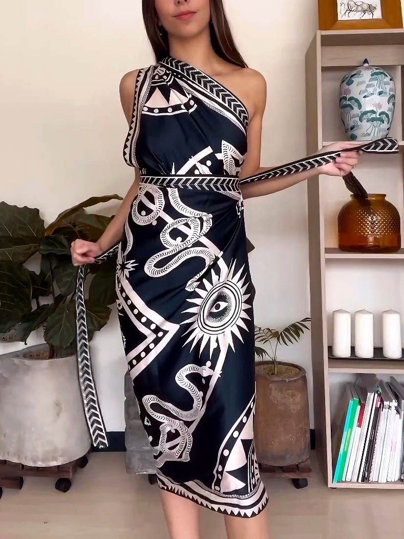 Unique Satin Print Tie-waist Midi Dress