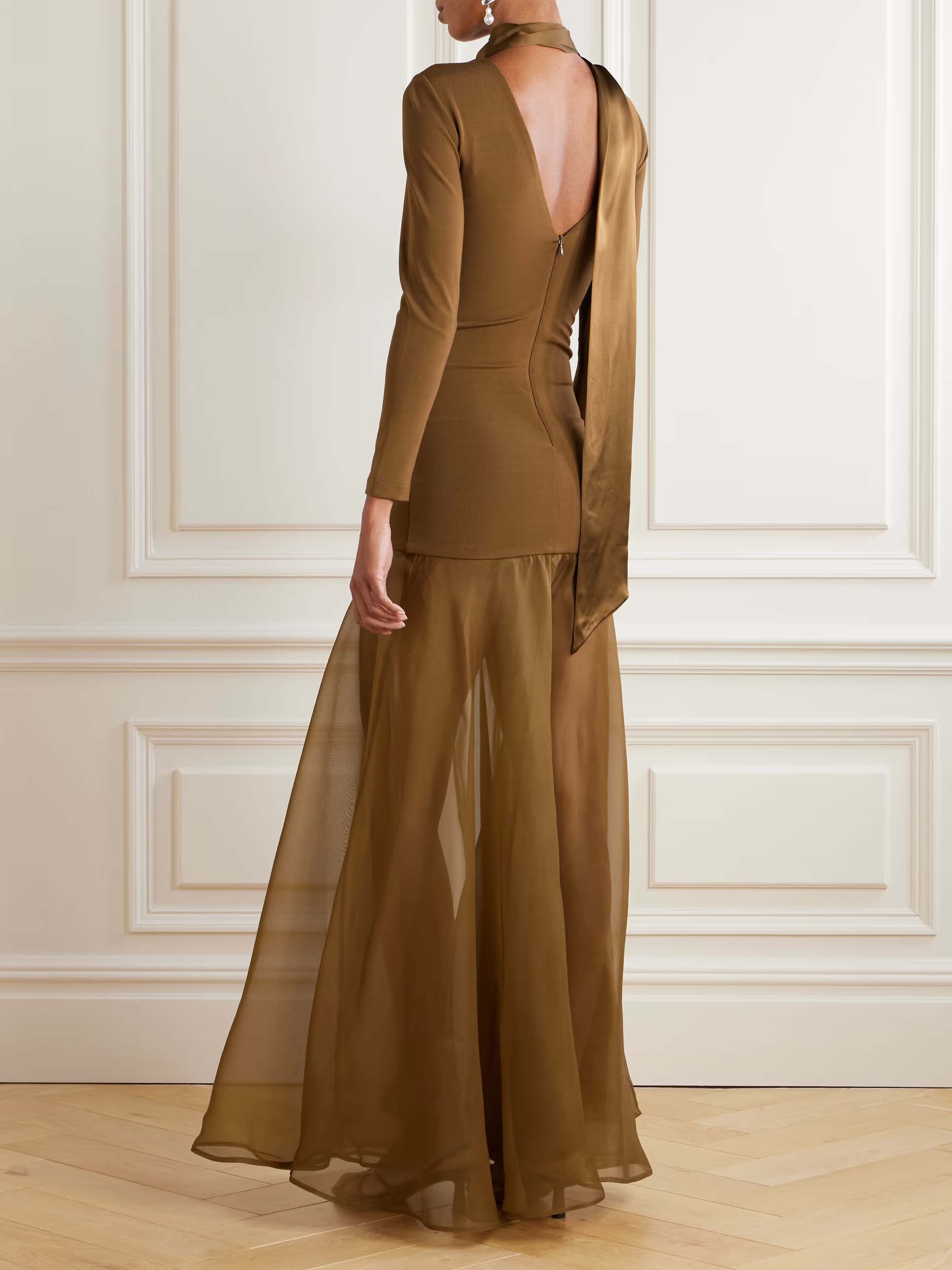 Elegant Long-sleived Stretch-thread Mesh Flowy Maxi Dress