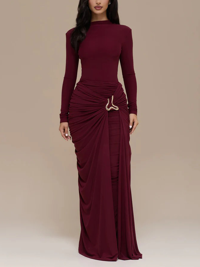 Elegant Draped Pleated High-Slit Maxi Skirt