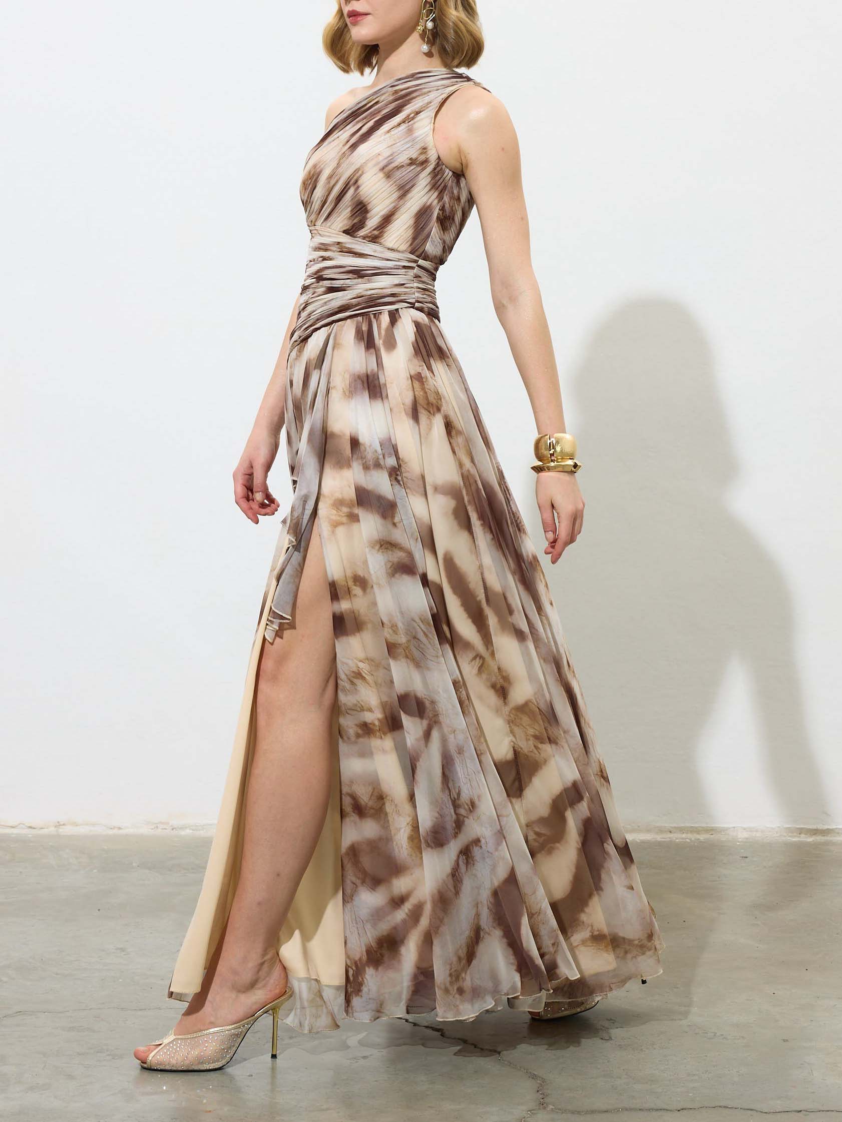 Elegant One-Shoulder Marble Print Chiffon Maxi Dress