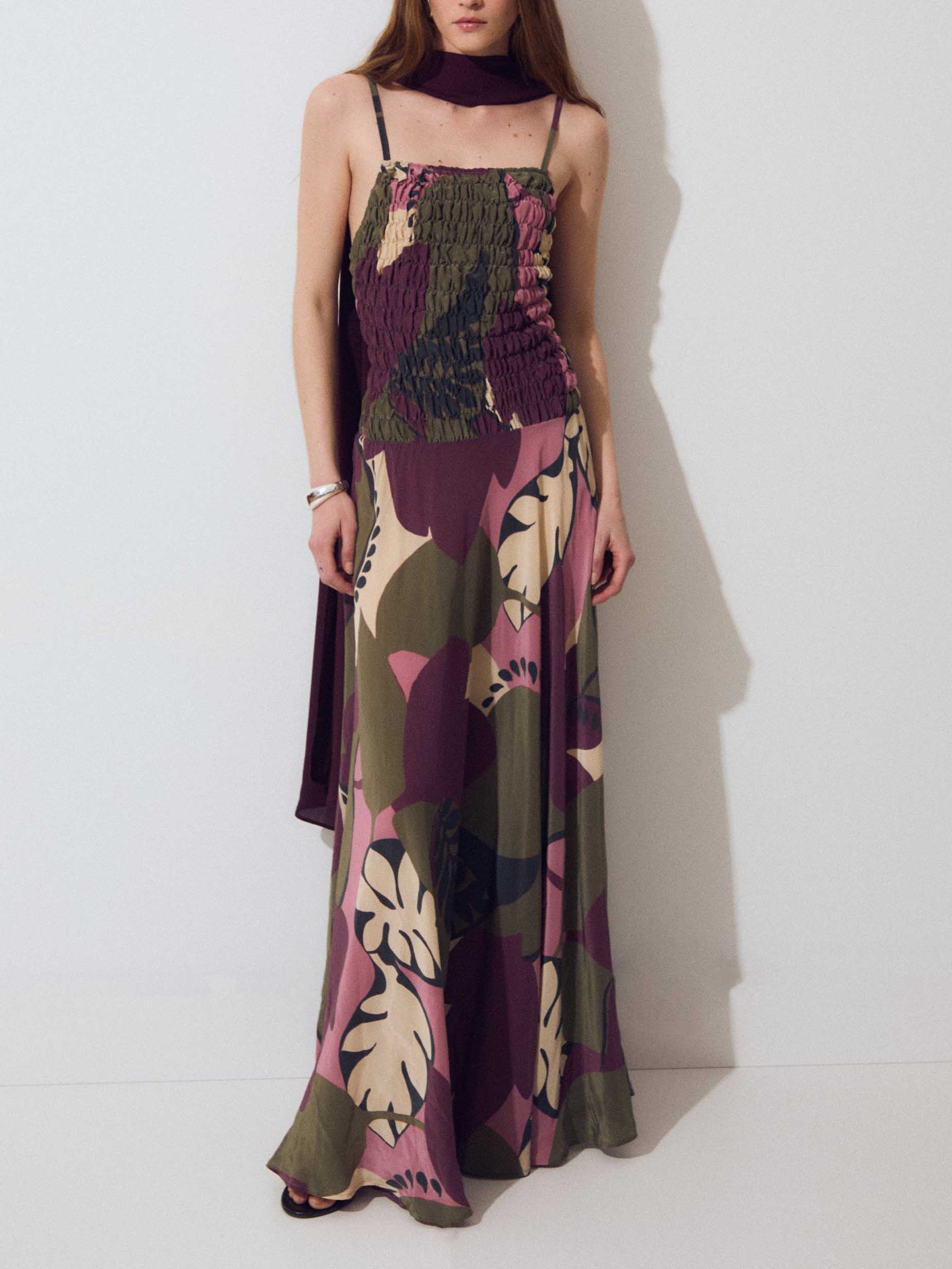 Smocked Bodice Tropical Leaf Print Spaghetti Strap Maxi Dress