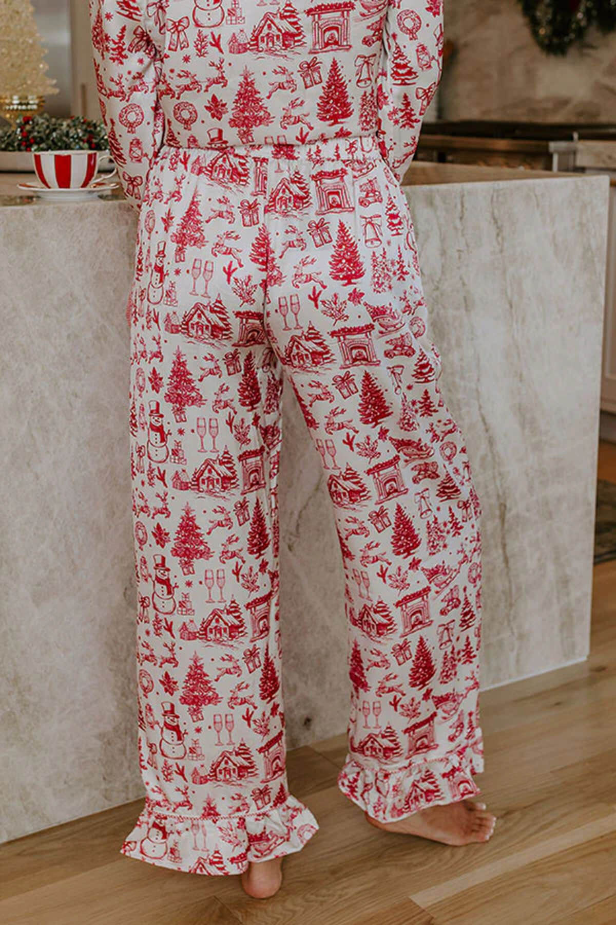 Christmas Print Satin Loose Shirt and Elastic Waist Pocketed Pajama Set