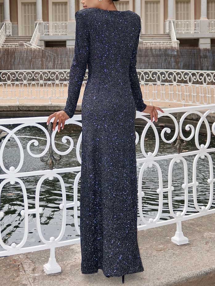 Elegant Glitter V-Neck Slit Maxi Dress