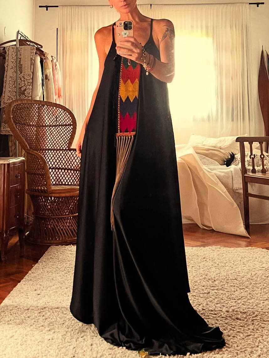 Casual Folk Style Printed Tassel Halter Neck Maxi Dress