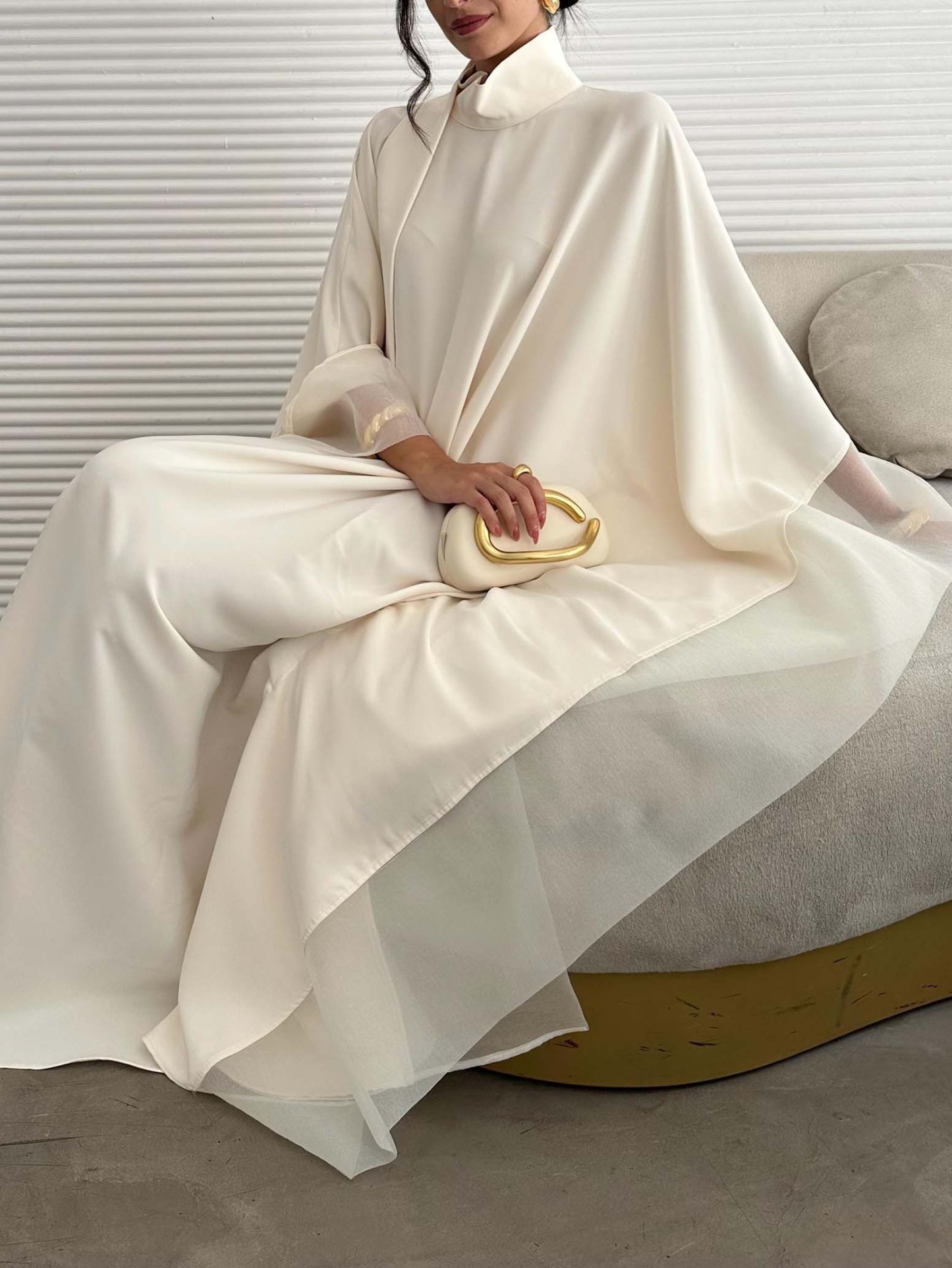 Elegant High-Neck Flowing Cape Maxi Dress