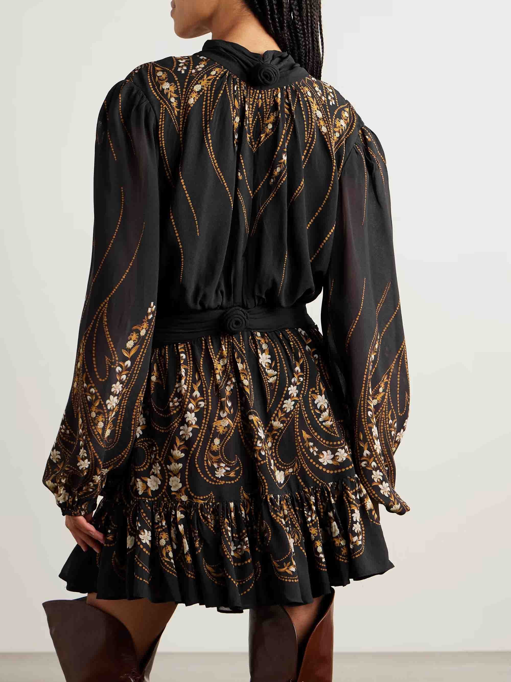 Tie-neck Printed Chiffon Flowy Mini Dress