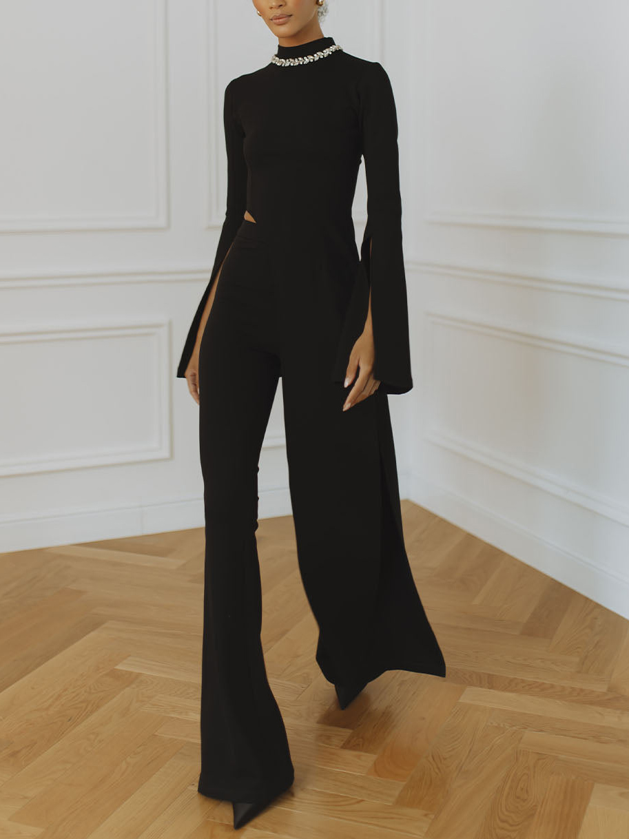 Elegant Rhinestone Color-blocked Irregular Two-piece Set