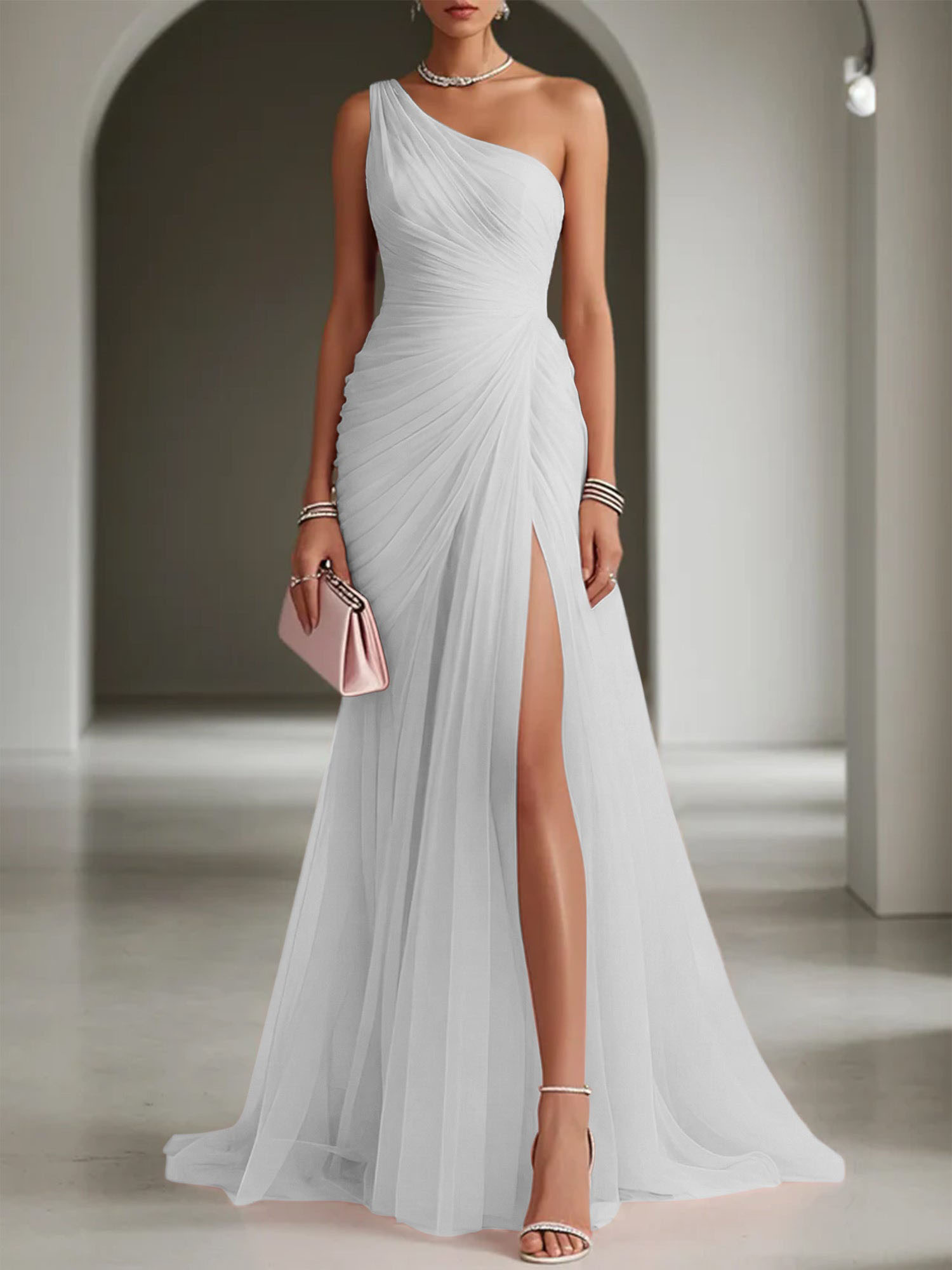 Elegant One-Shoulder Ruched Tulle High Slit Maxi Dress