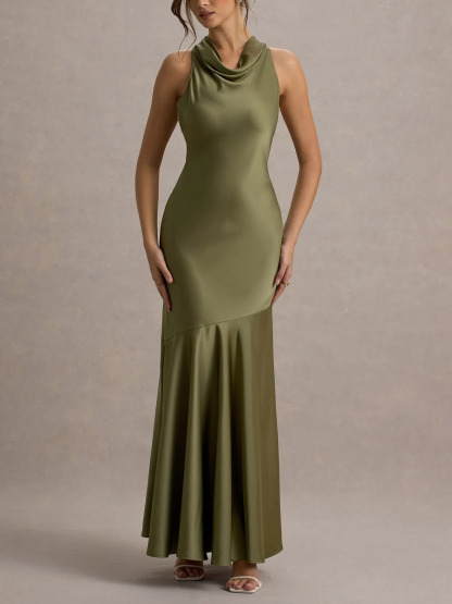 Elegant Satin Cowl Neck Sleeveless Mermaid Maxi Dress