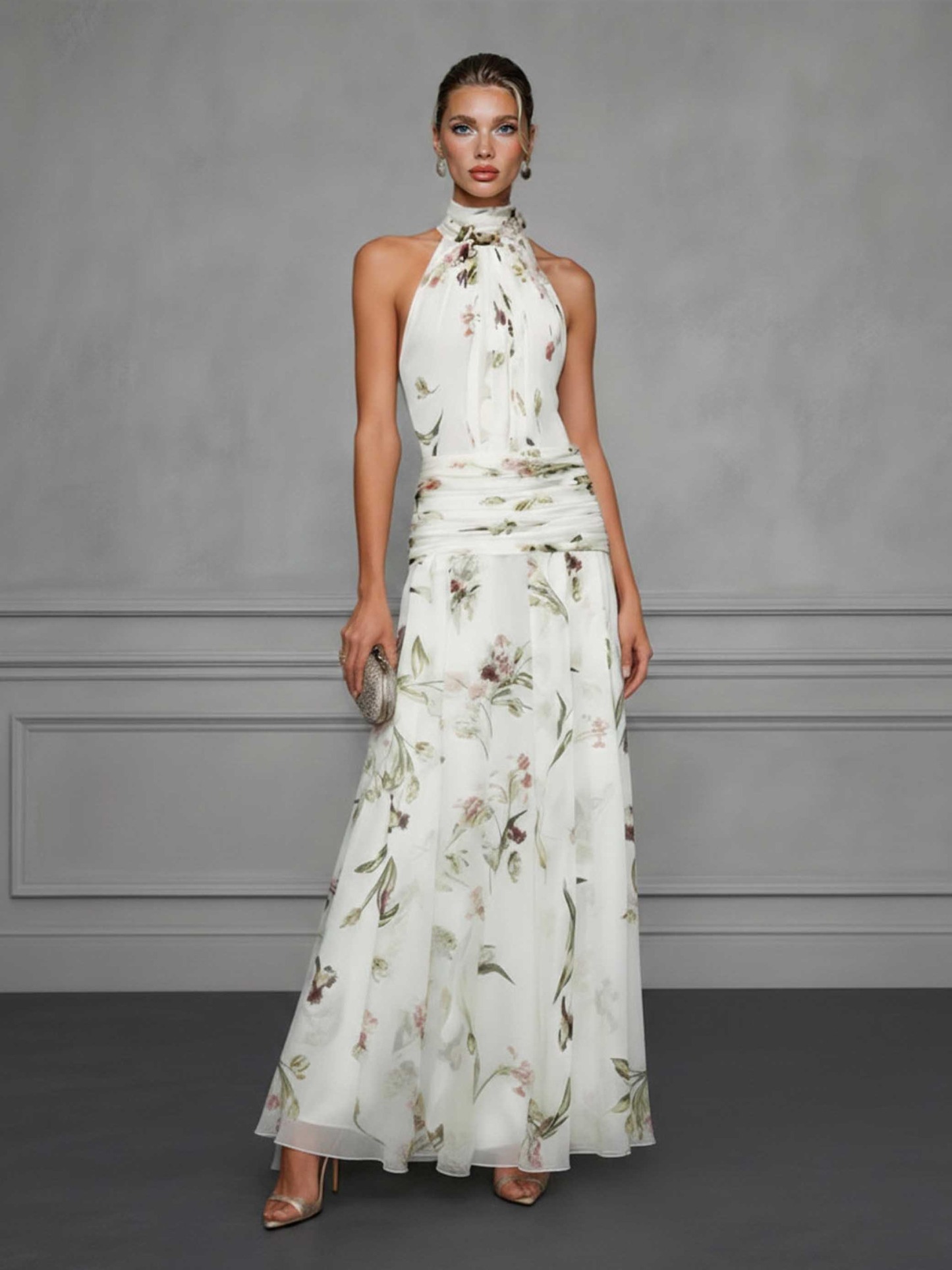 Elegant Ruffled Floral Chiffon Backless Maxi Dress