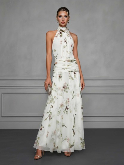 Elegant Ruffled Floral Chiffon Backless Maxi Dress