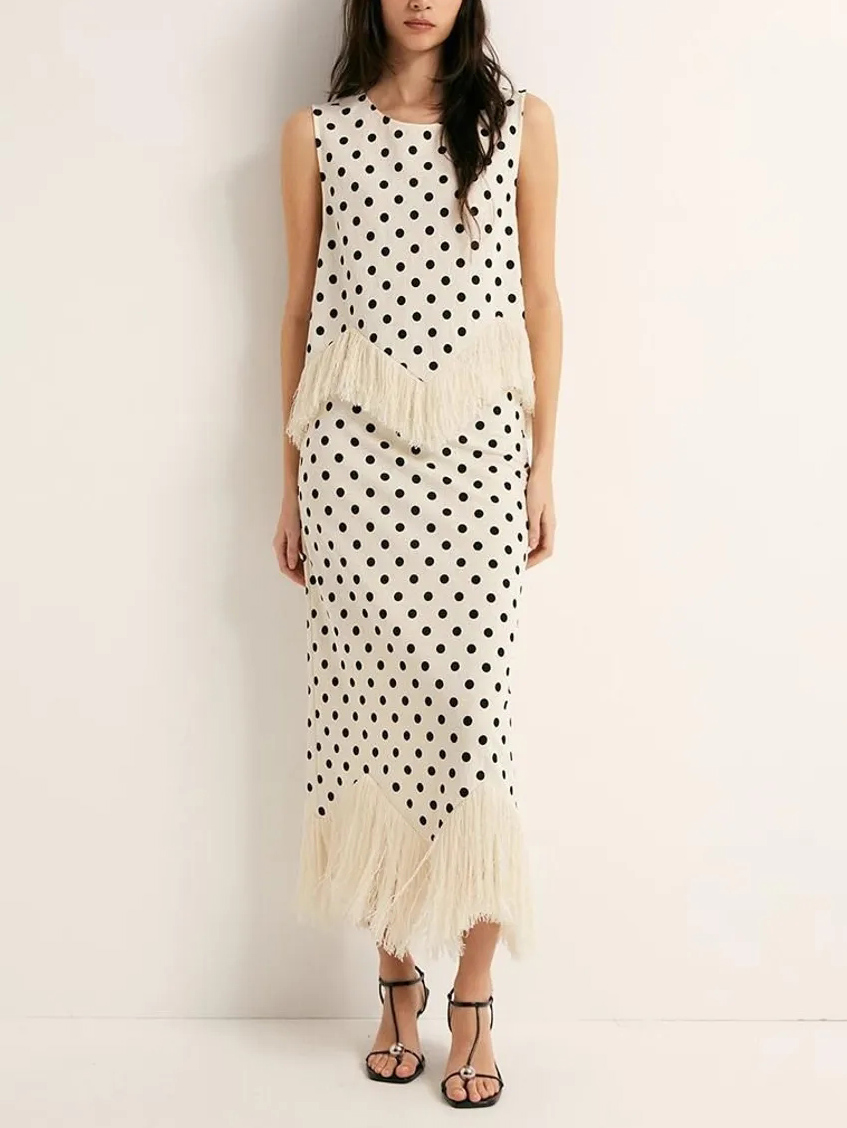 Elegant Polka Dot Fringed Asymmetrical Skirt Two-Piece Set