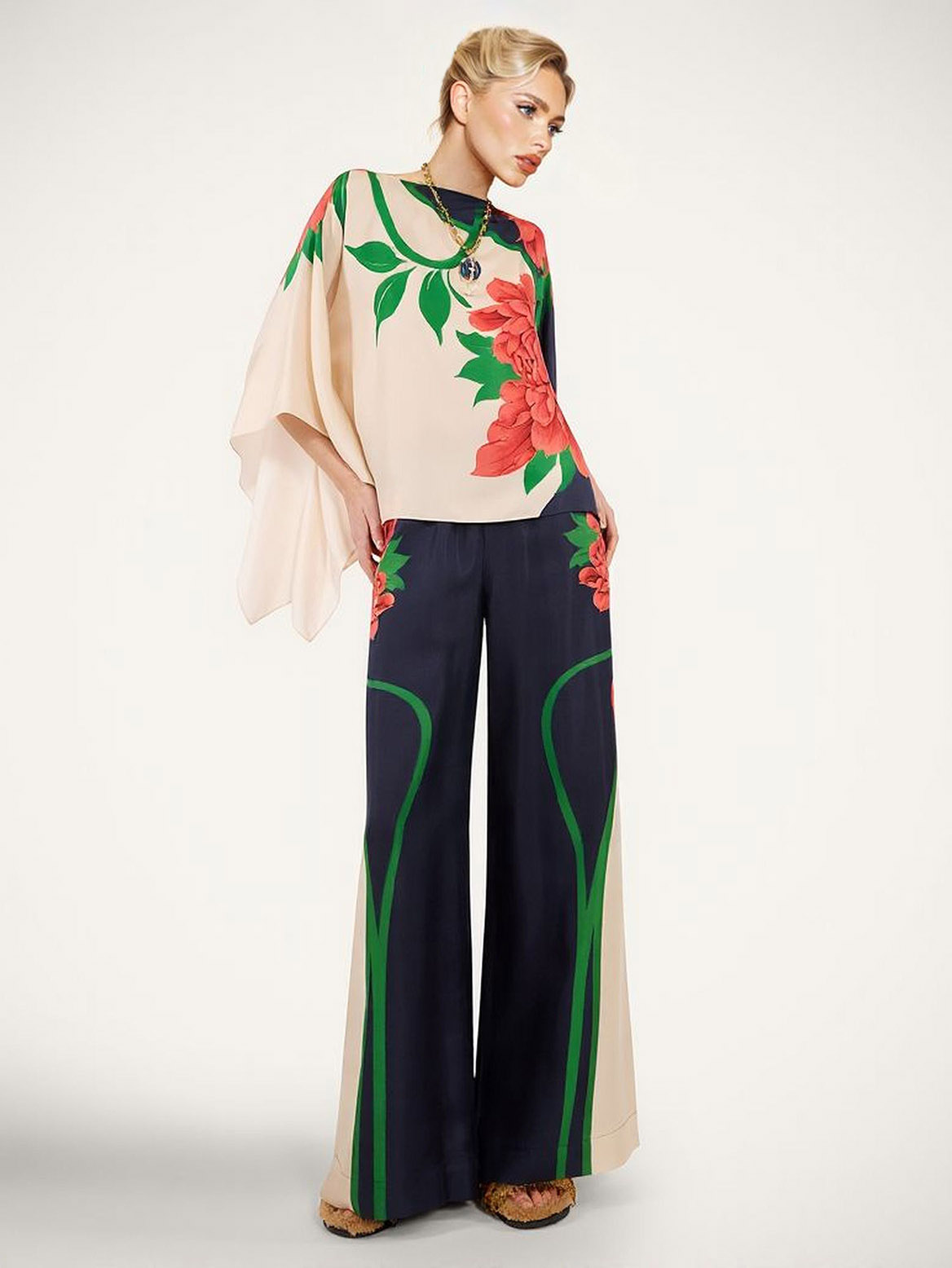 Paisley Print Asymmetric Sleeve Shirt & Wide-Leg Pants Two-Piece Set