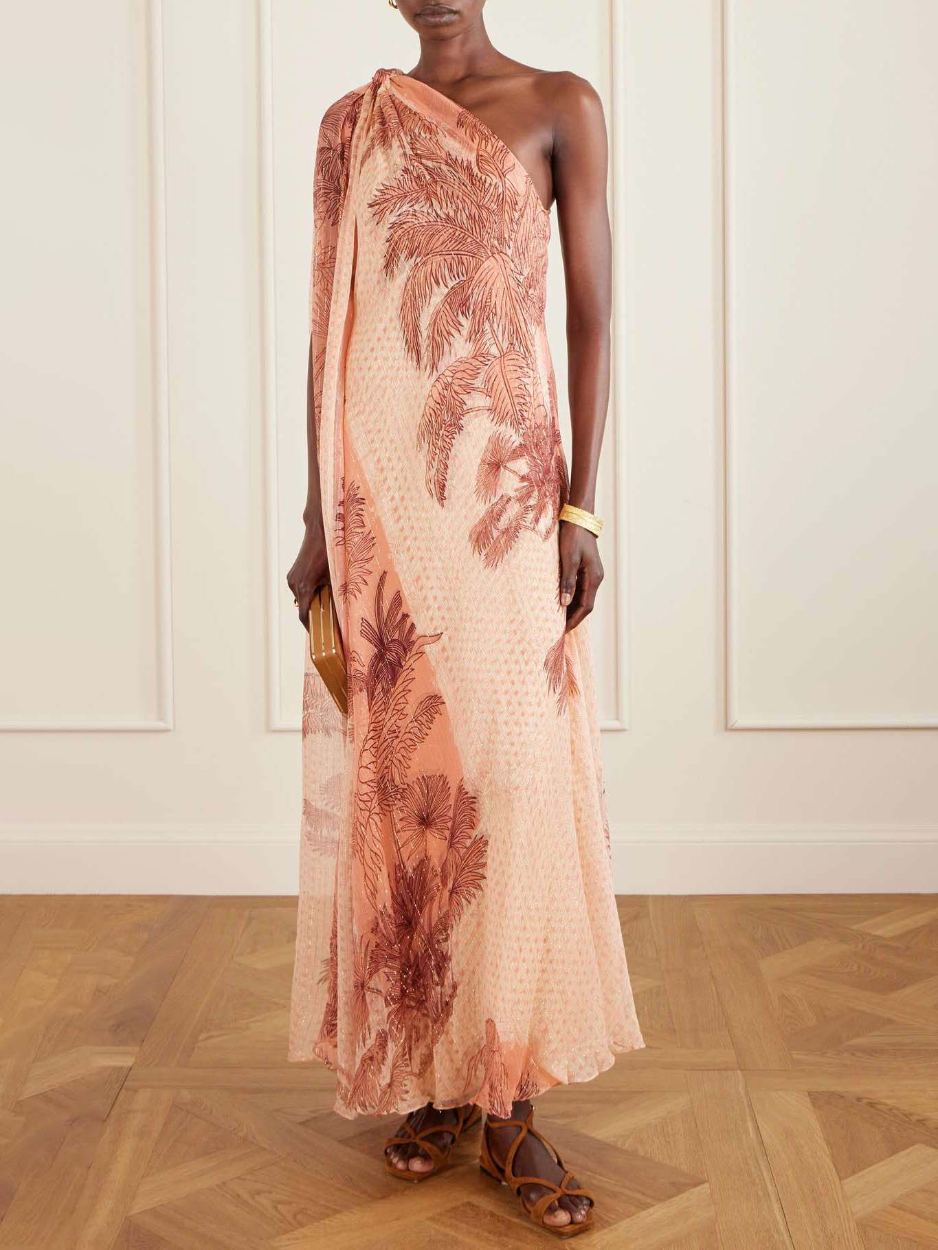 Exquisite One-shoulder Printed Chiffon Maxi Dress