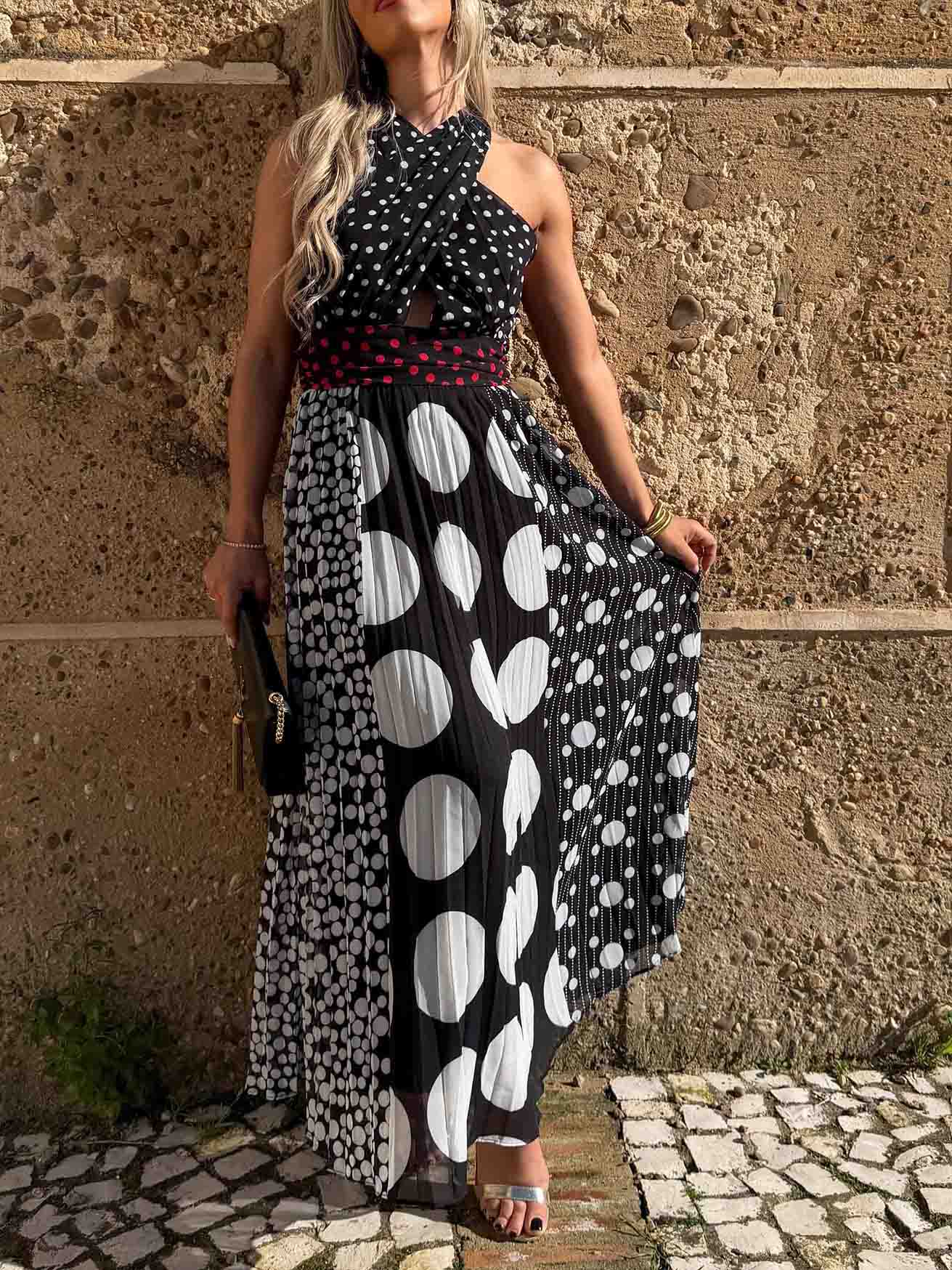 Retro Black & White Polka Dot Backless Maxi Dress