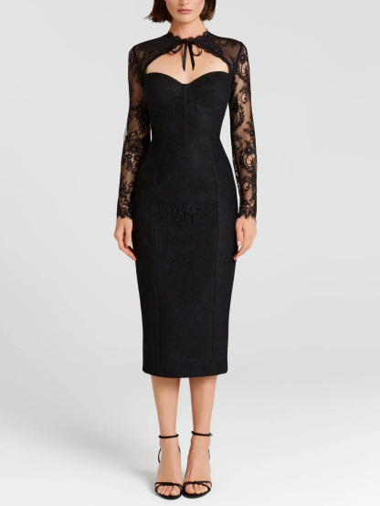 Elegant Lace Long-sleeved Bodycon Midi Dress