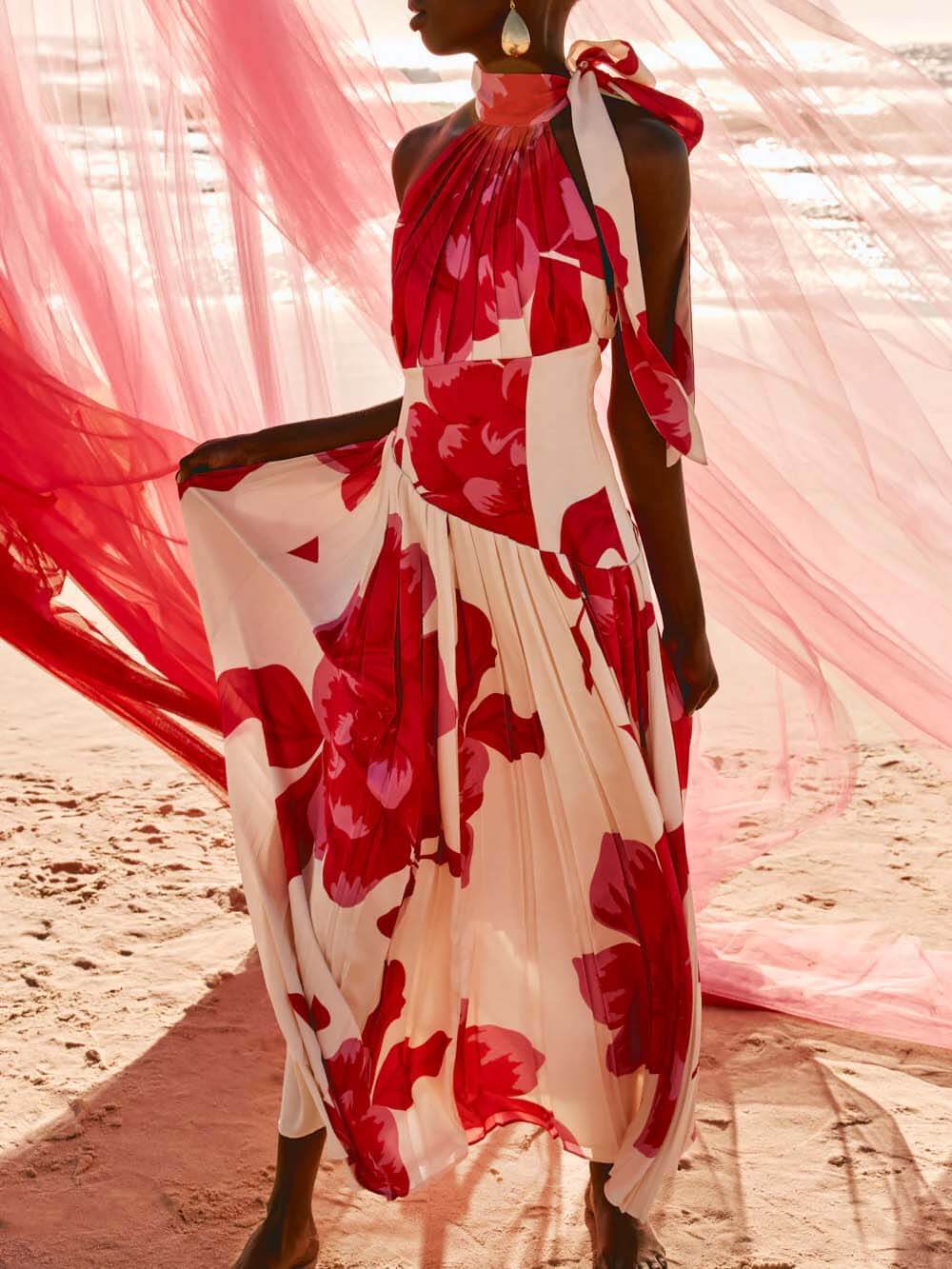 Elegant Printed Satin Ruched Backless Ruffle Maxi Dress