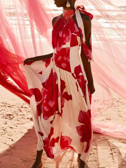 Elegant Printed Satin Ruched Backless Ruffle Maxi Dress