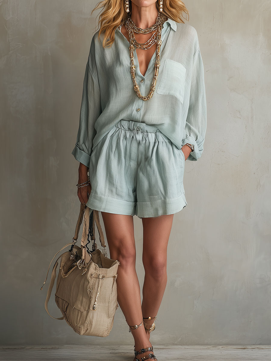 Casual Loose-fitting Shirt And Drawstring Shorts Two-piece Set