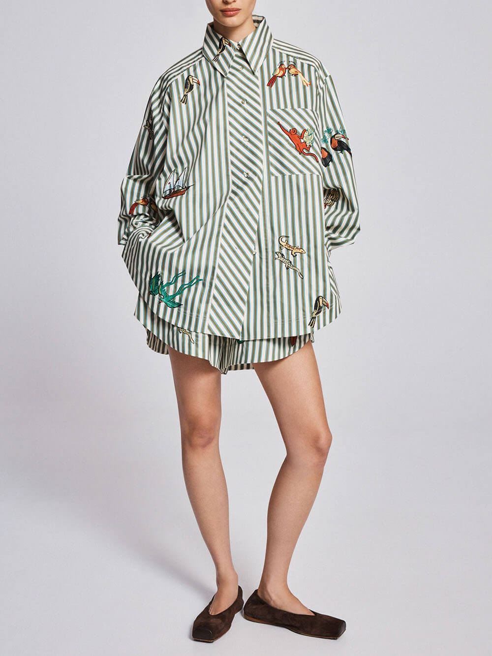Unique Striped Print Button-Up Long-Sleeve Shirt and Elastic Waist Drawstring Shorts Set