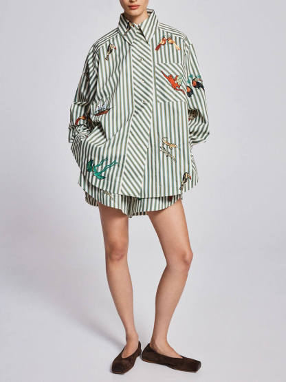 Unique Striped Print Button-Up Long-Sleeve Shirt and Elastic Waist Drawstring Shorts Set