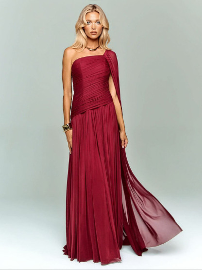 Elegant One-Shoulder Ruched Chiffon Maxi Dress