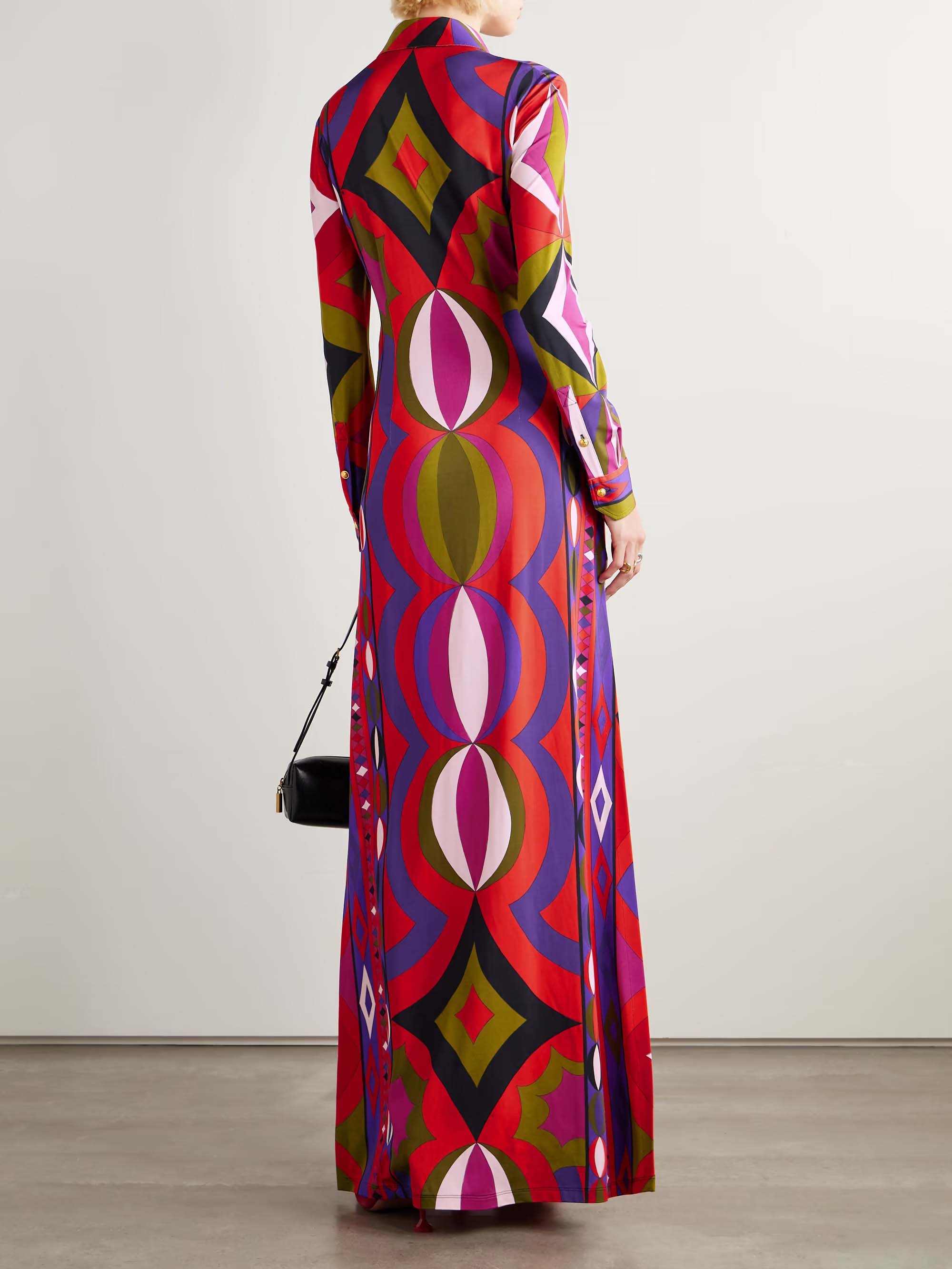 Unique Retro Abstract Print Shirt Collar Maxi Dress