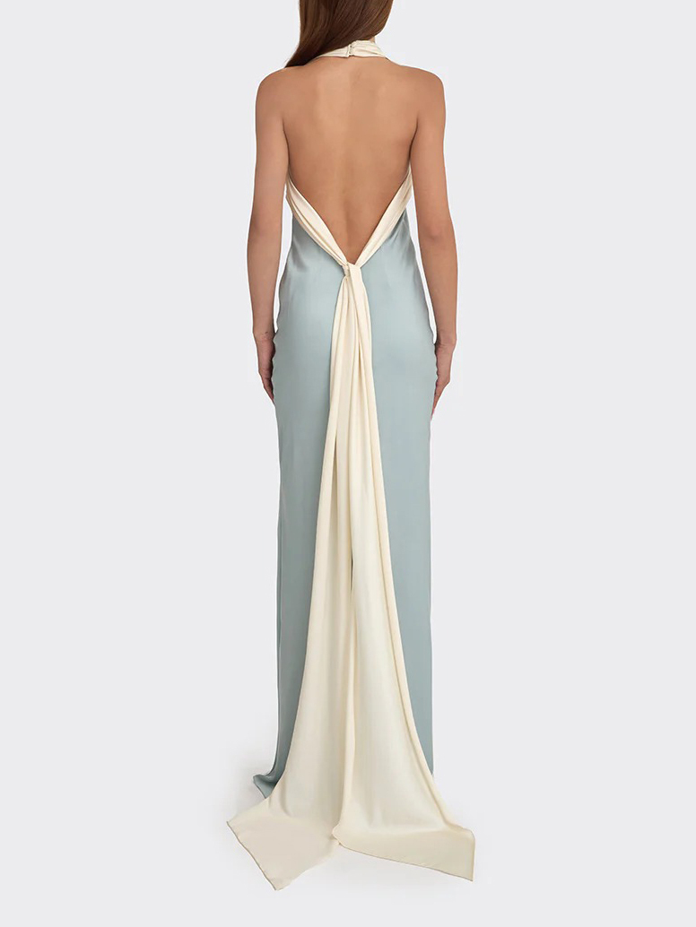 Elegant Satin Contrast Halter Neck Party Maxi Dress