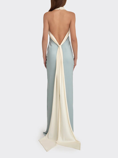 Elegant Satin Contrast Halter Neck Party Maxi Dress