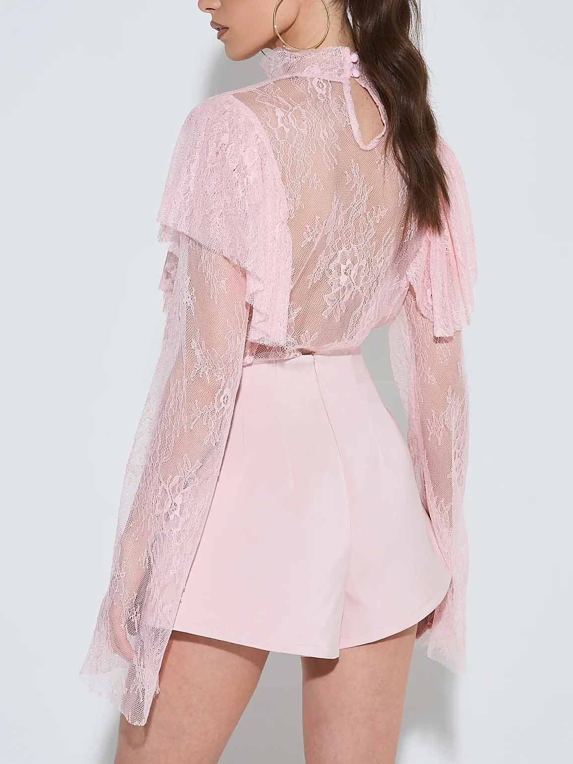 Elegant Lace Turtleneck Top And Shorts Two-piece Set