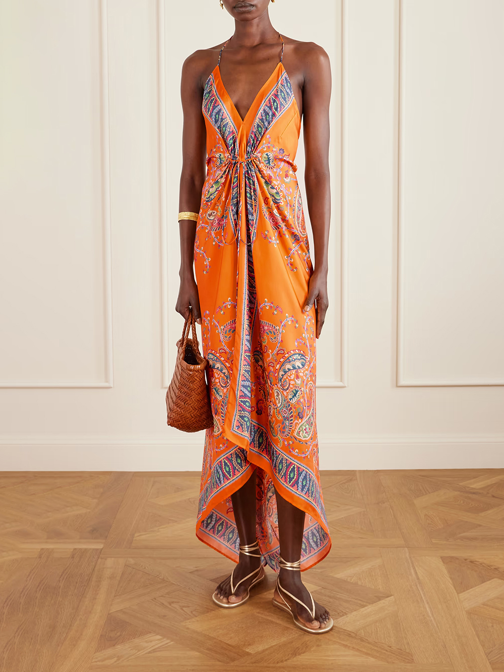 Retro Paisley Print Satin Twill Backless Spaghetti Strap Maxi Dress