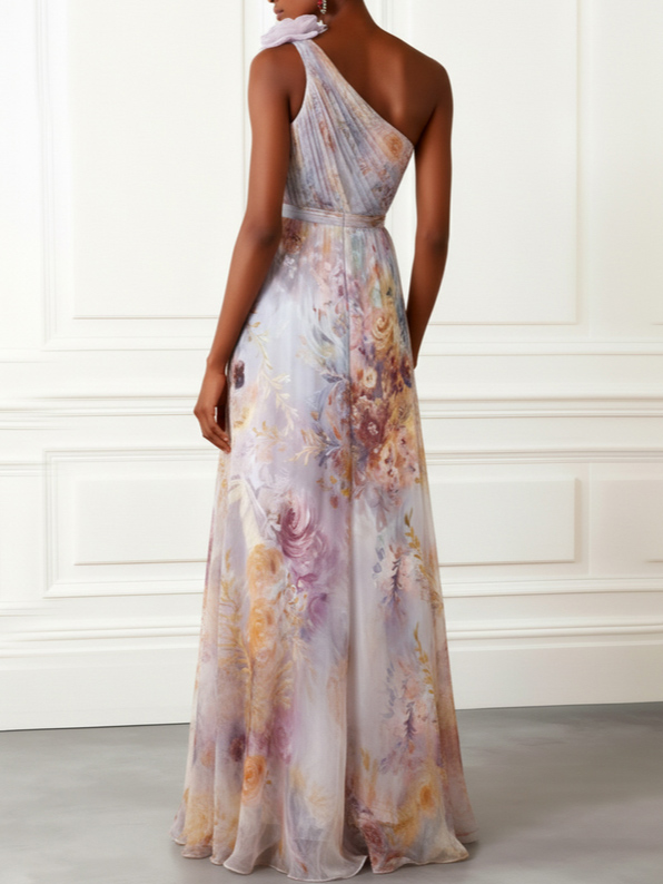 Elegant One-Shoulder Floral Print Chiffon Maxi Dress